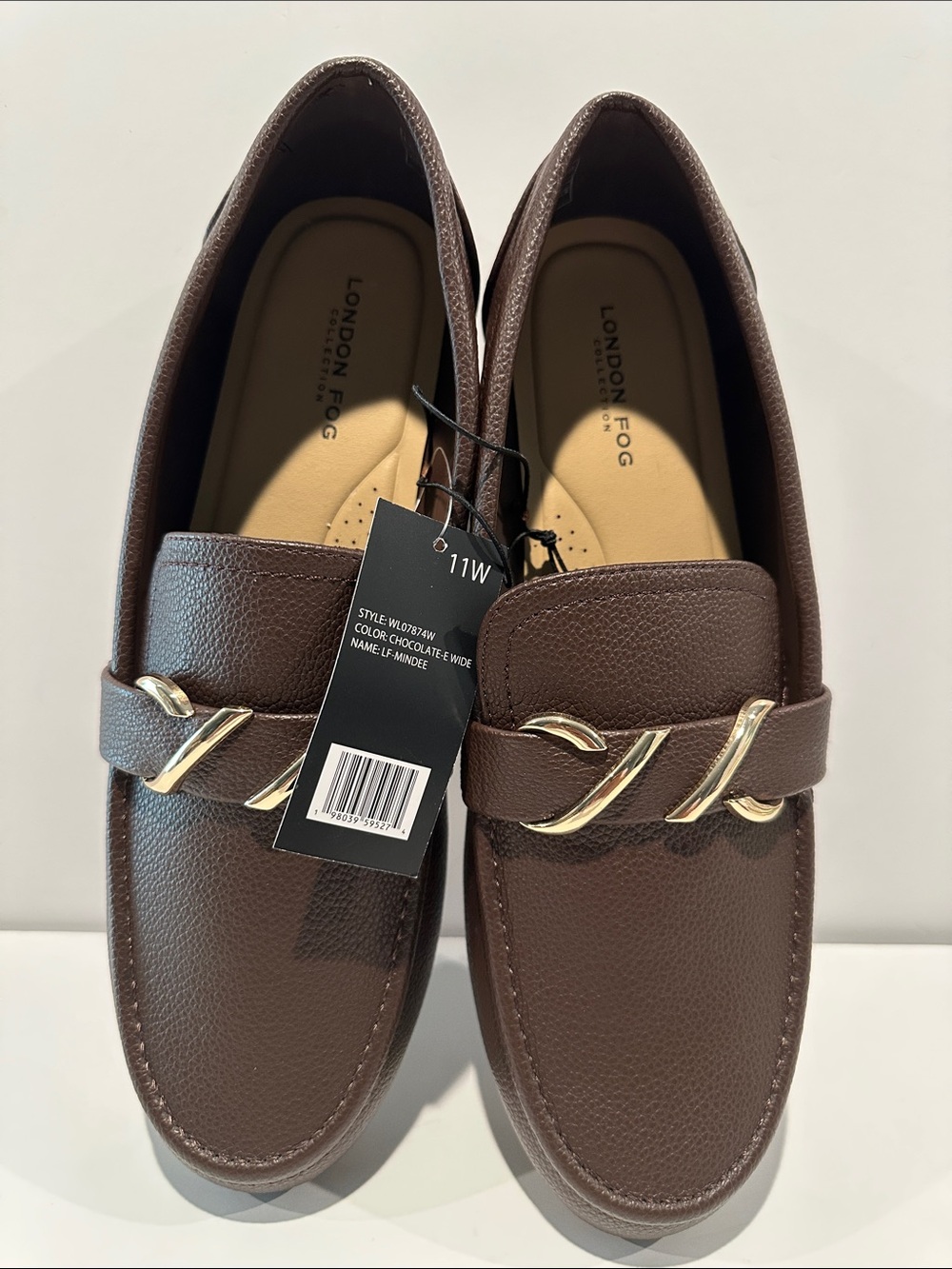 NWT London Fog Chocolate Brown Mindee Flats with Goldtone Hardware across front.